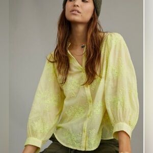 Anthropologie Floral Embroidered Neon Yellow Button-Front Blouse